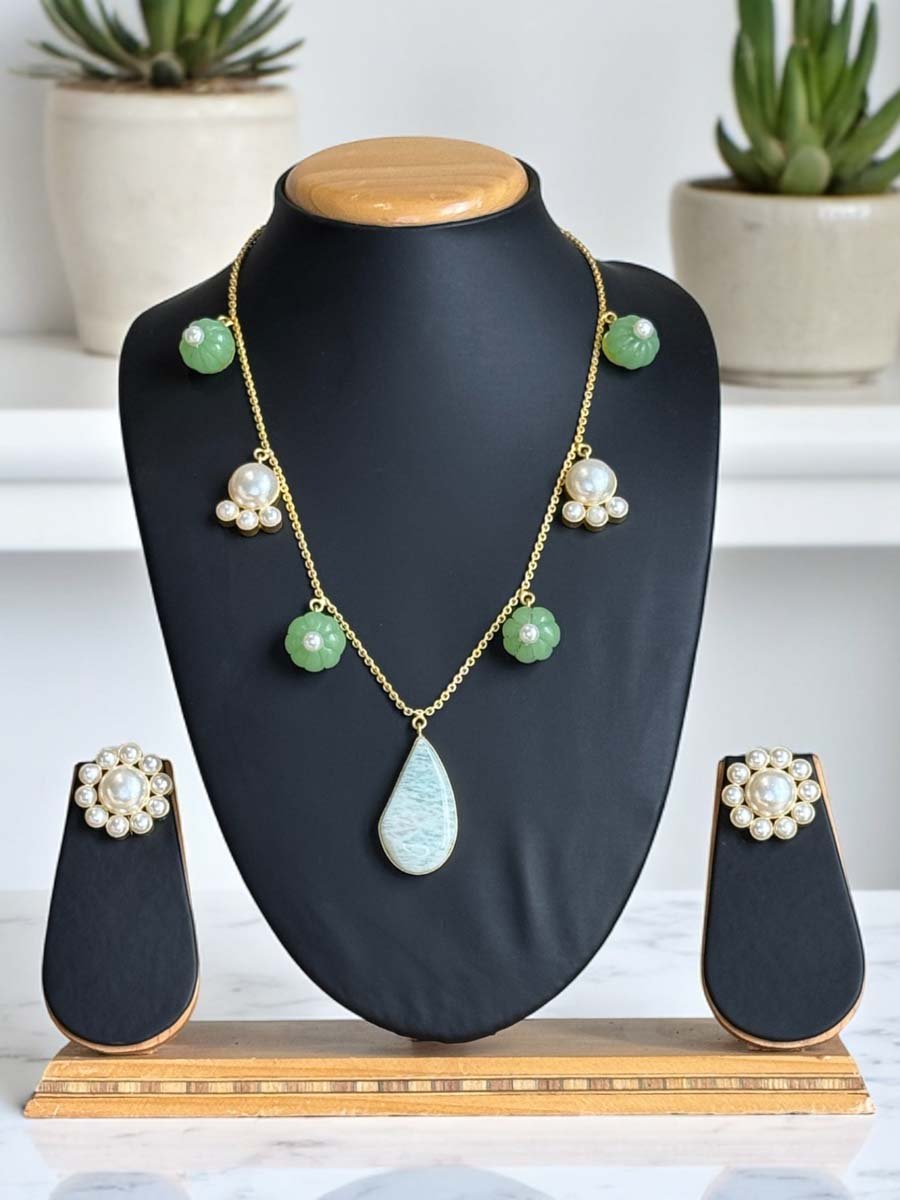 Delicate Summer MOP Necklace with Amazonite Pendant