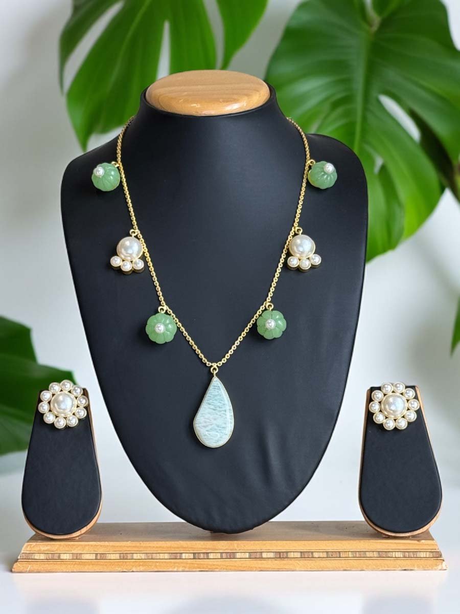 Delicate Summer MOP Necklace with Amazonite Pendant