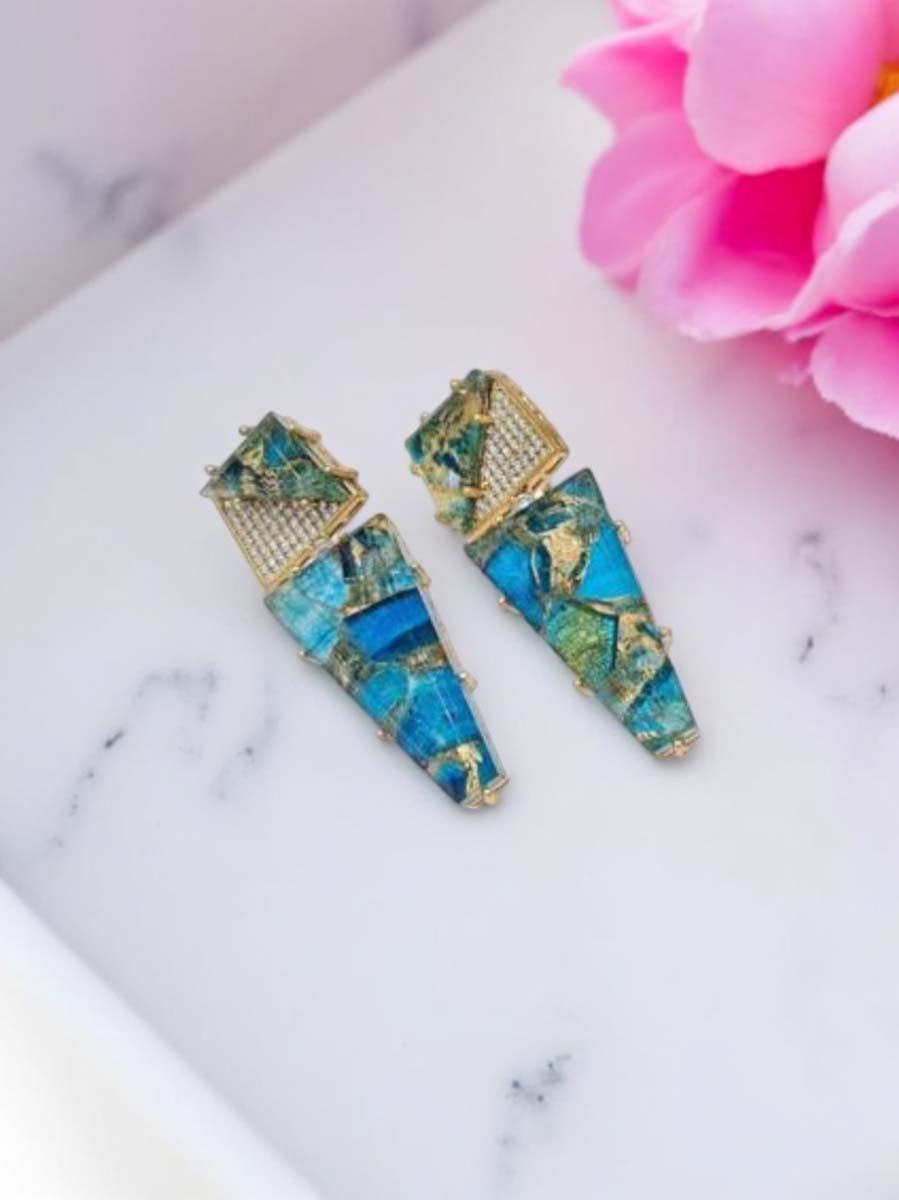 Celebrity Inspired Marble Stones CZ Long Earrings