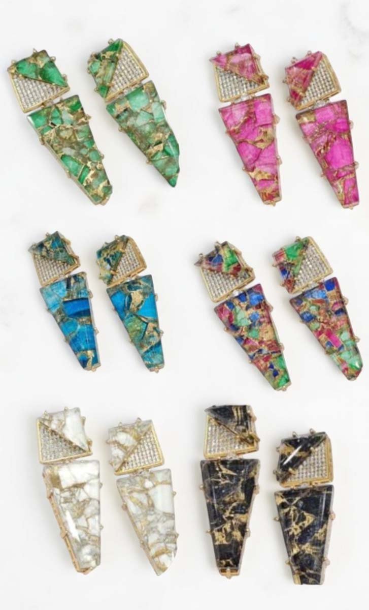 Celebrity Inspired Marble Stones CZ Long Earrings