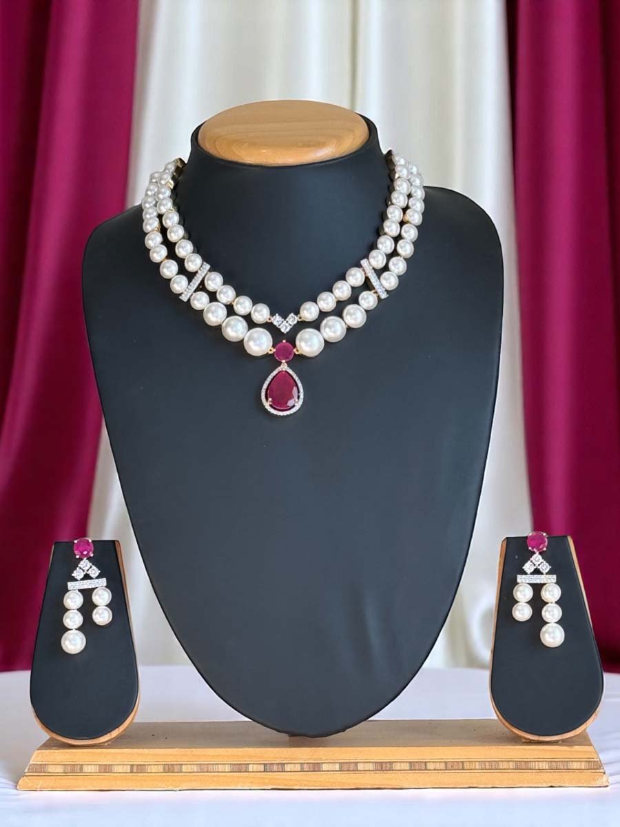 AD CZ Fresh Water Pearls Necklace Set