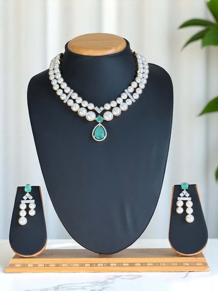 AD CZ Fresh Water Pearls Necklace Set