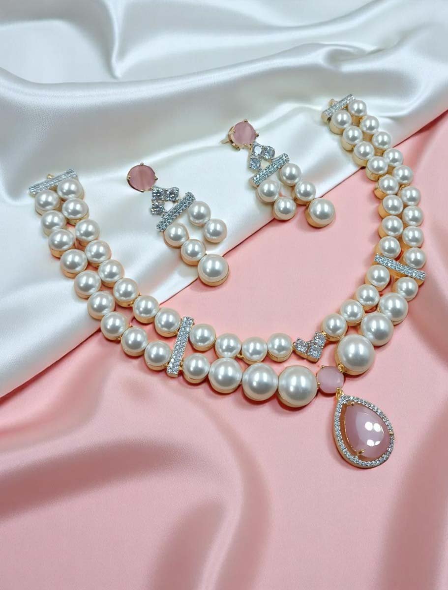 AD CZ Fresh Water Pearls Necklace Set