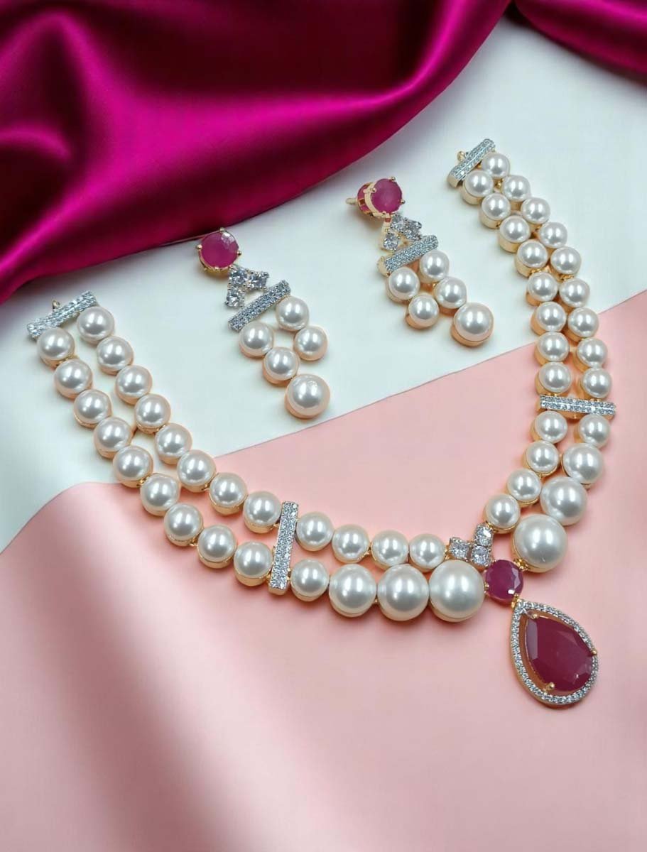 AD CZ Fresh Water Pearls Necklace Set