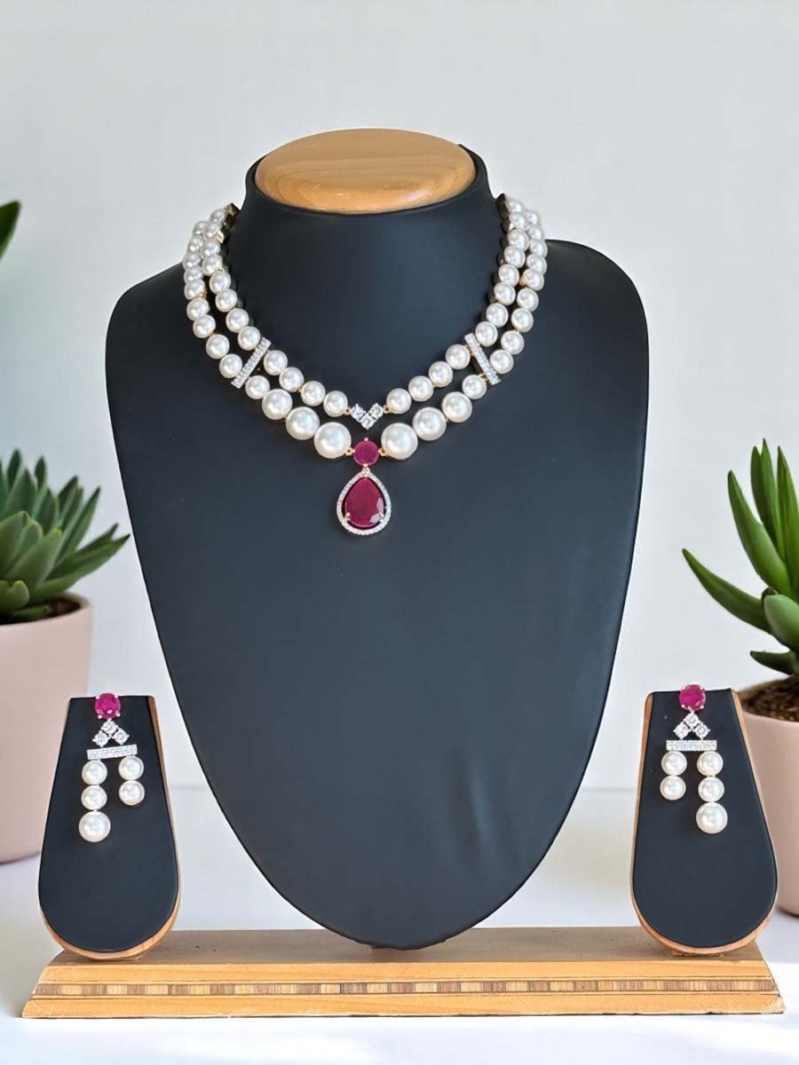 AD CZ Fresh Water Pearls Necklace Set