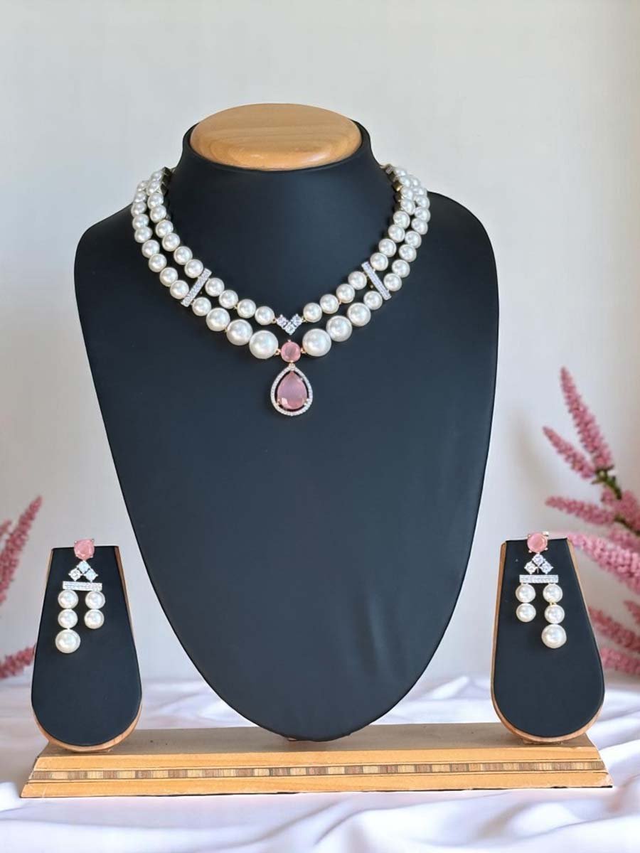AD CZ Fresh Water Pearls Necklace Set