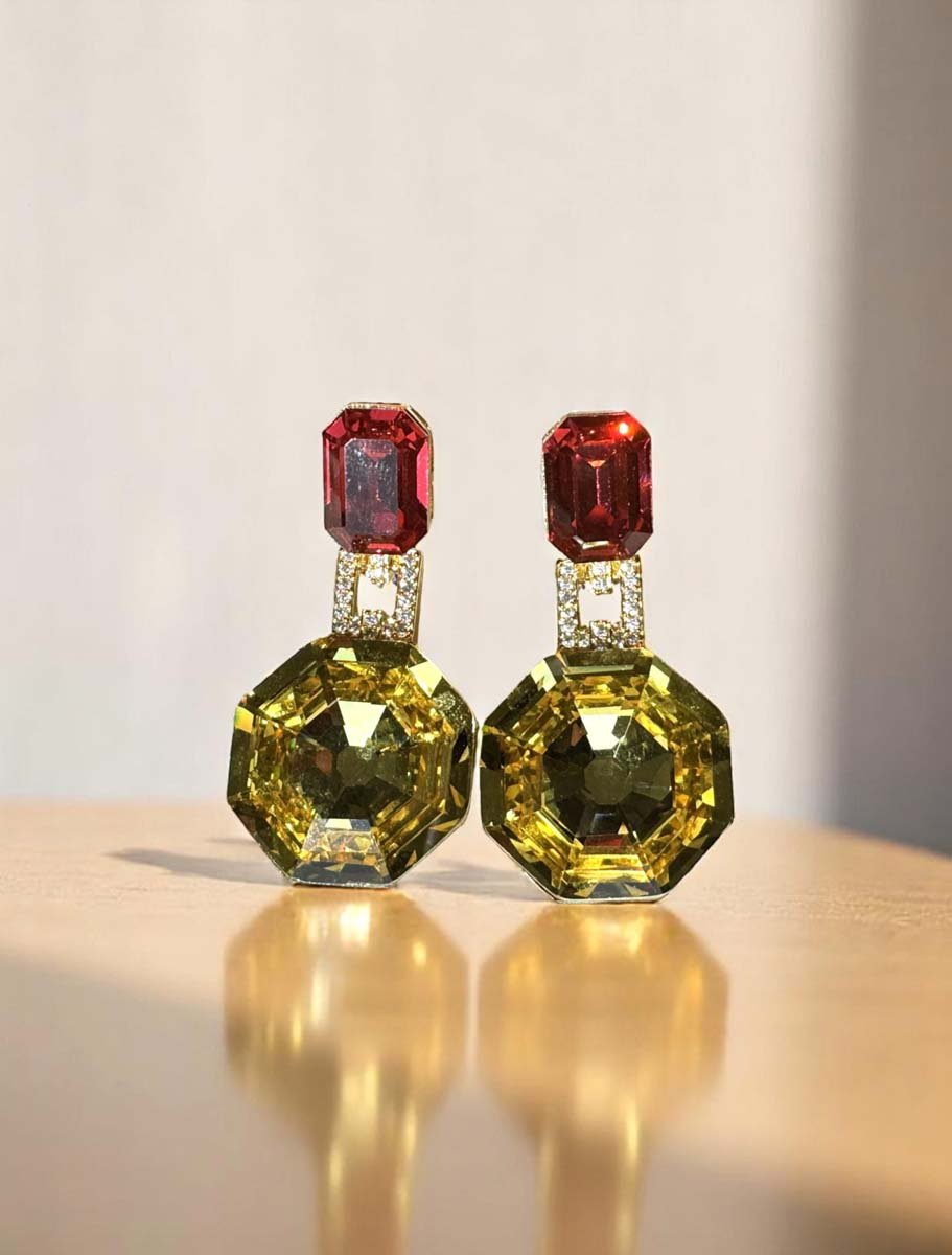 Deep Color Hexagon Swarovski Drop Earrings