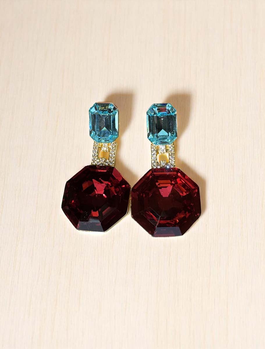 Deep Color Hexagon Swarovski Drop Earrings