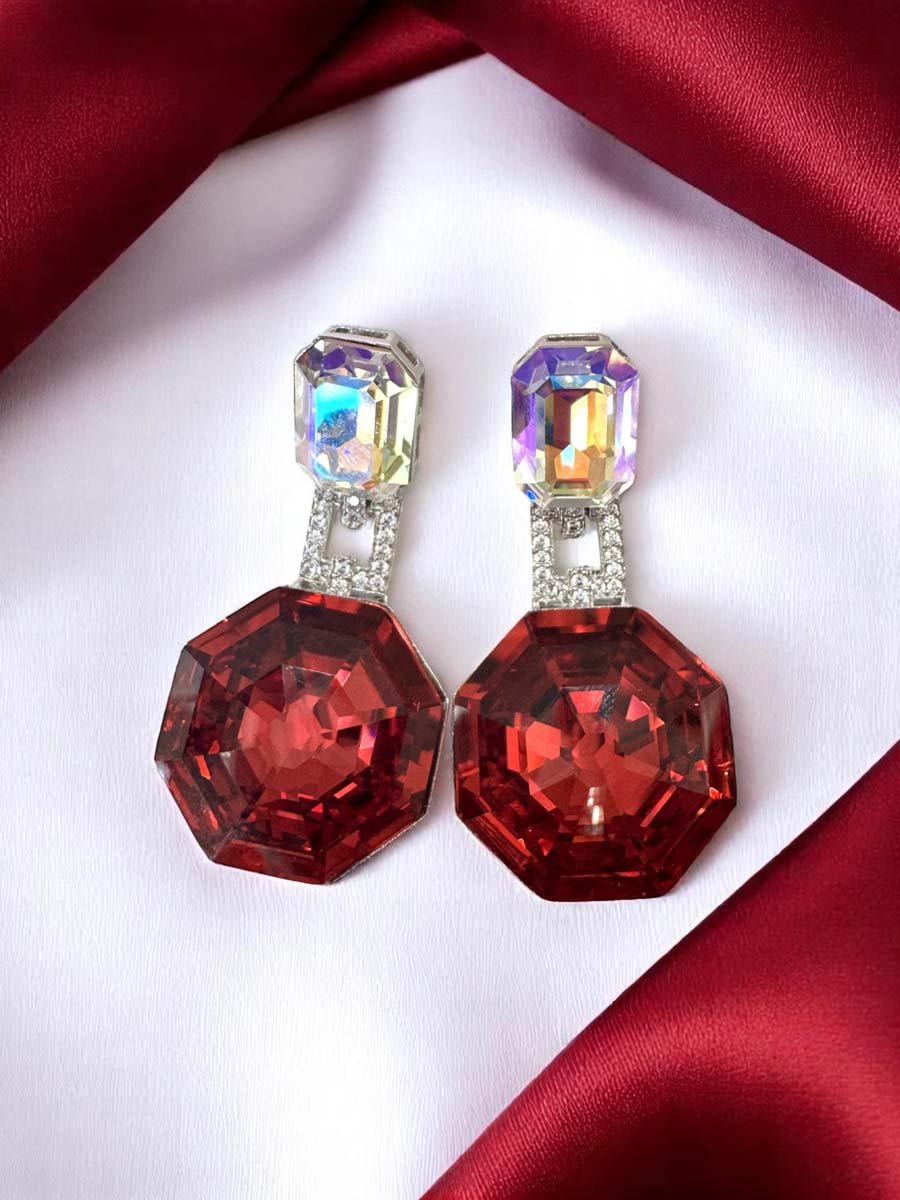 Deep Color Hexagon Swarovski Drop Earrings (Rhodium)