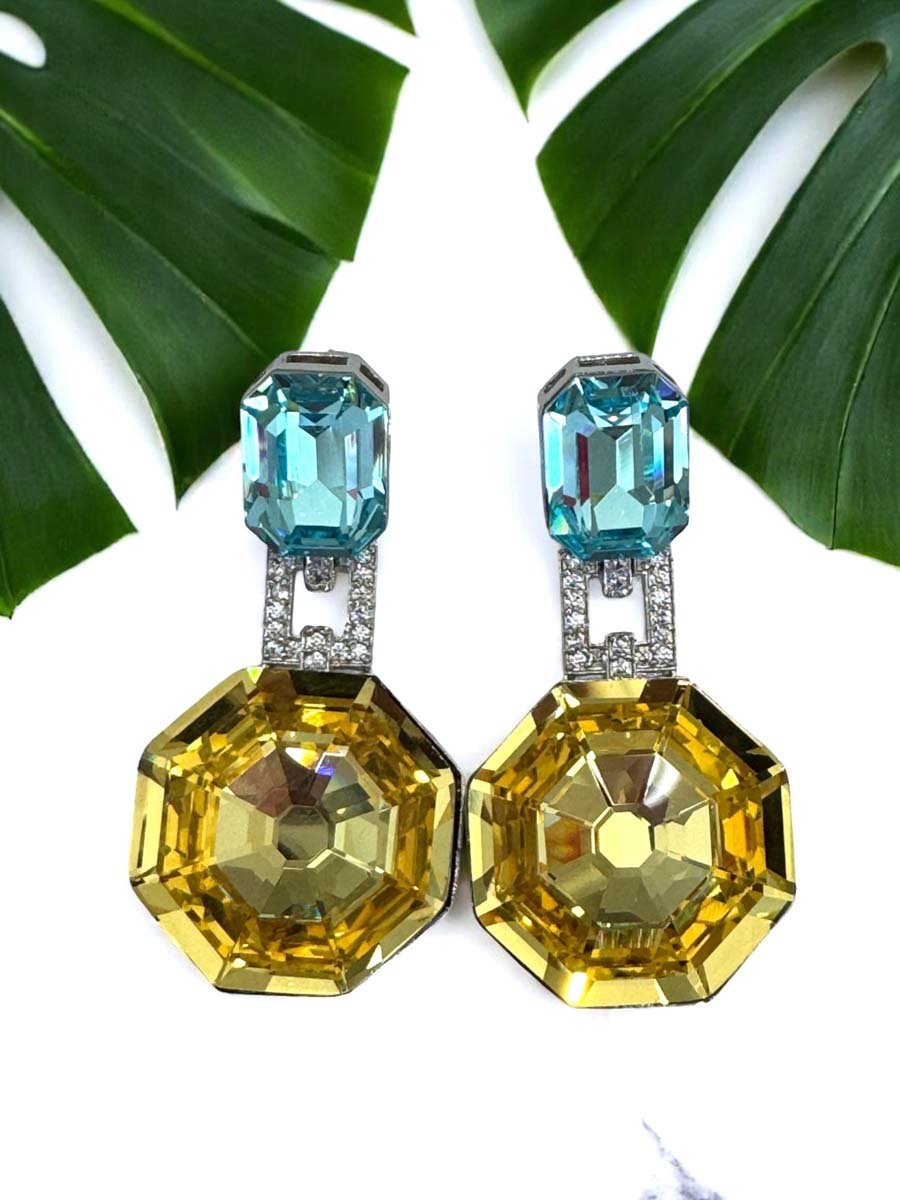Deep Color Hexagon Swarovski Drop Earrings (Rhodium)