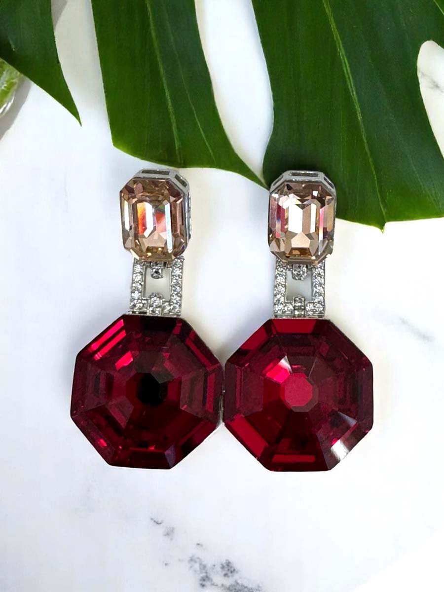 Deep Color Hexagon Swarovski Drop Earrings (Rhodium)