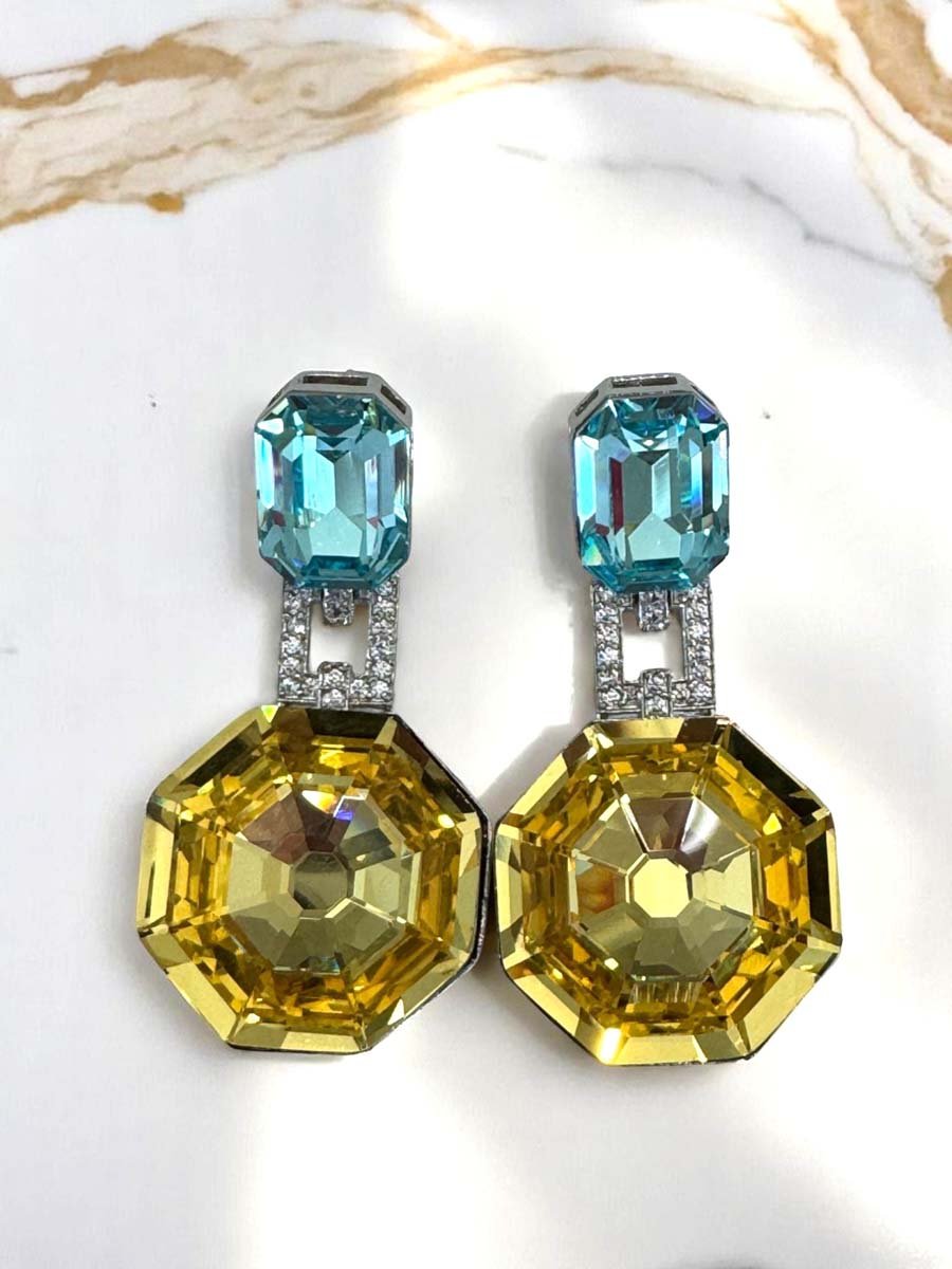 Deep Color Hexagon Swarovski Drop Earrings (Rhodium)