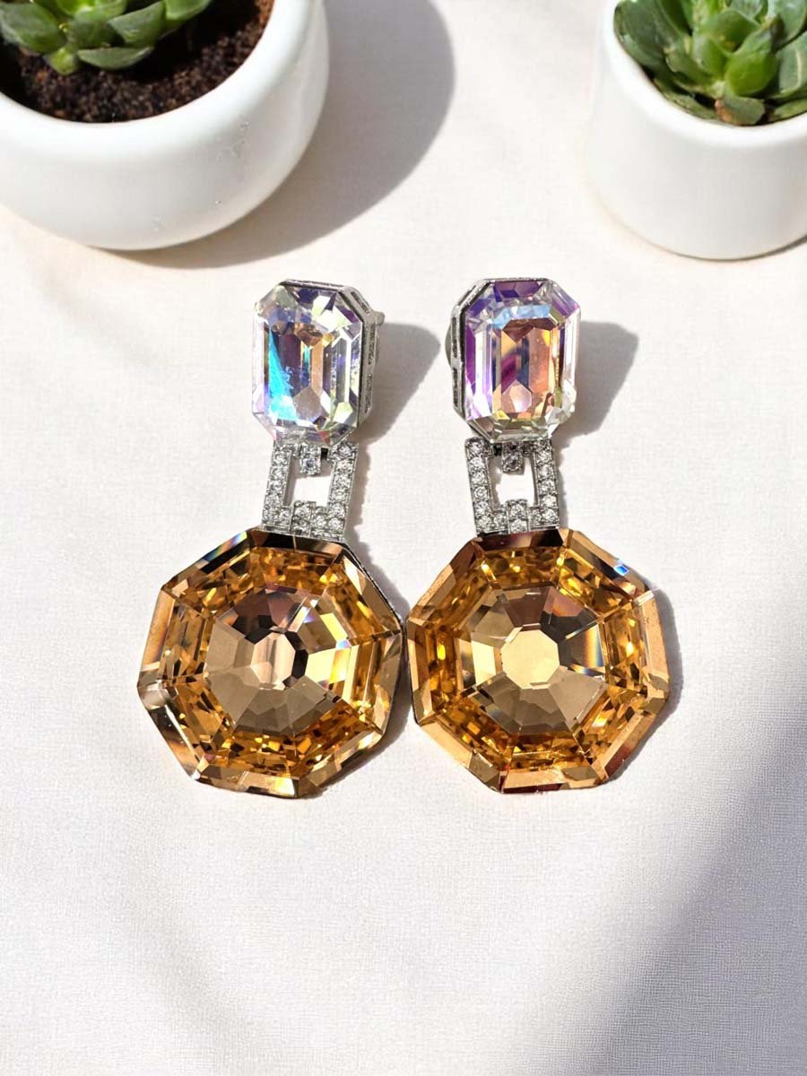 Deep Color Hexagon Swarovski Drop Earrings (Rhodium)