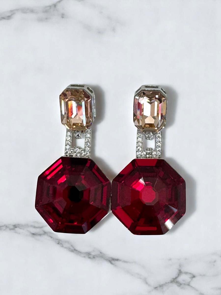 Deep Color Hexagon Swarovski Drop Earrings (Rhodium)