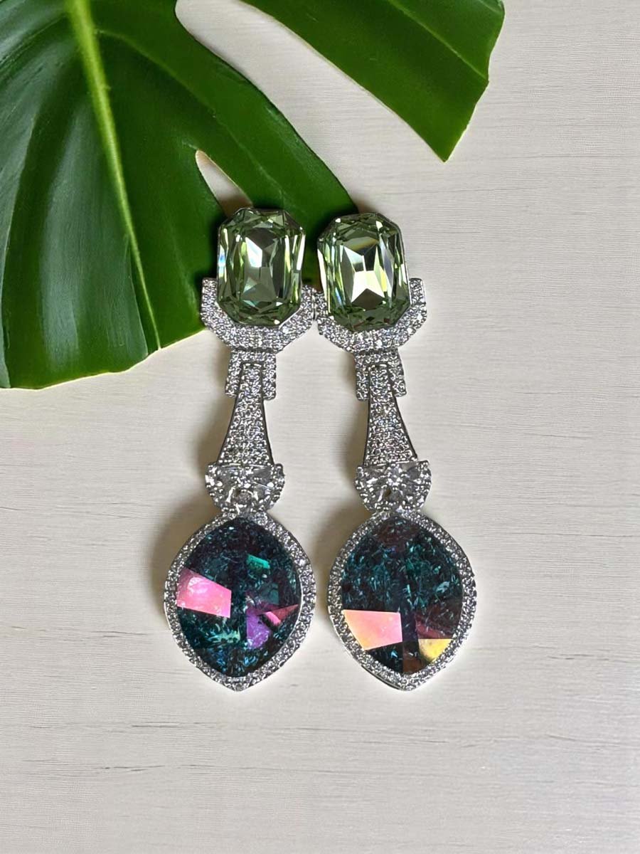 Bollywood Inspired Designer Swarovski Long Earrings (Rhodium)