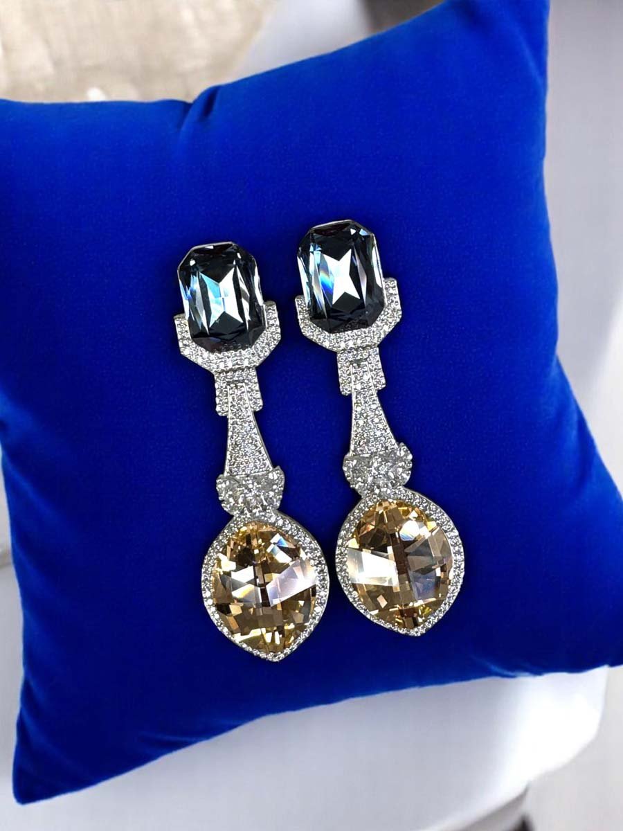 Bollywood Inspired Designer Swarovski Long Earrings (Rhodium)