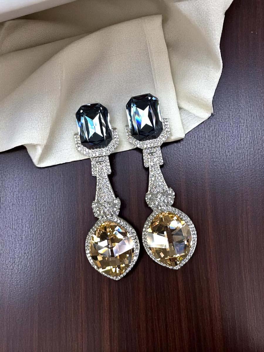 Bollywood Inspired Designer Swarovski Long Earrings (Rhodium)