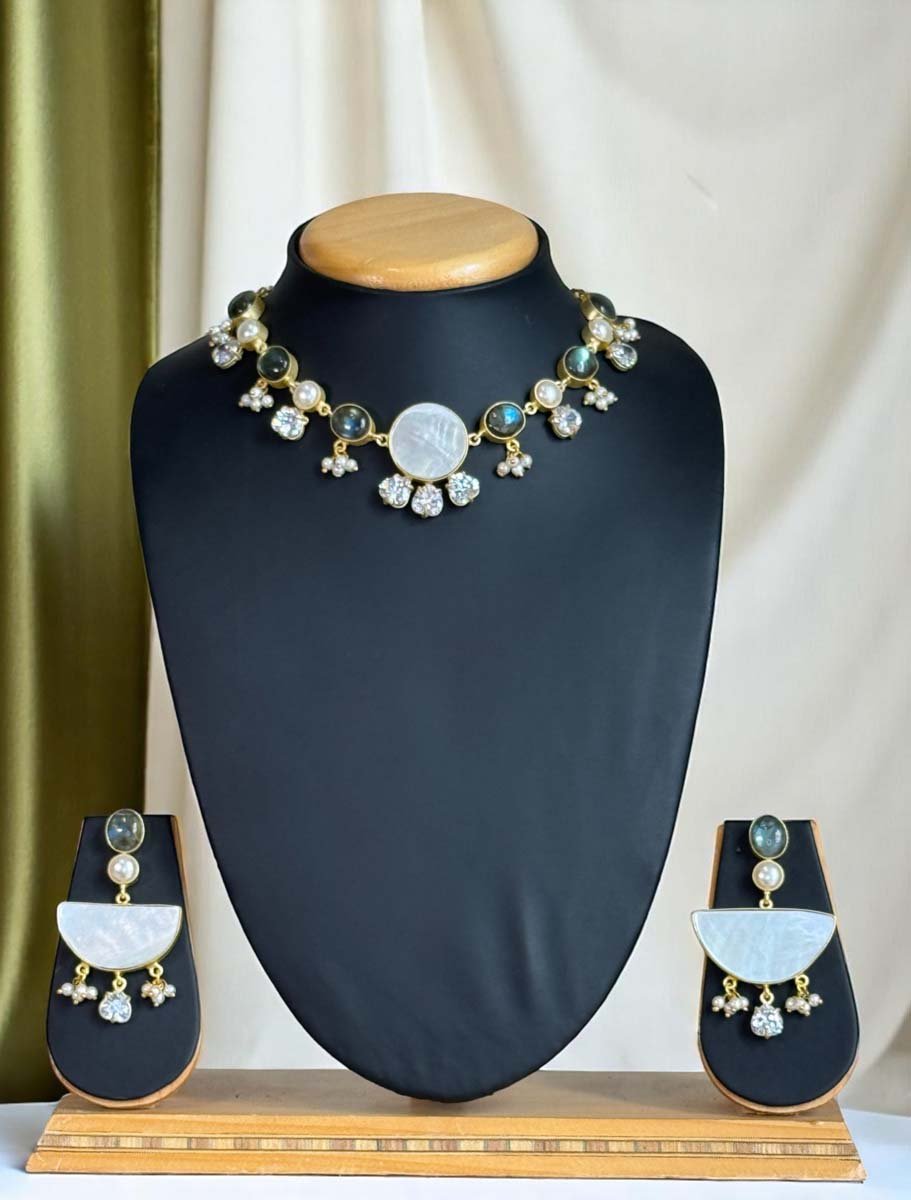 Natural Labrodorite Freshwater Pearls Necklace Set