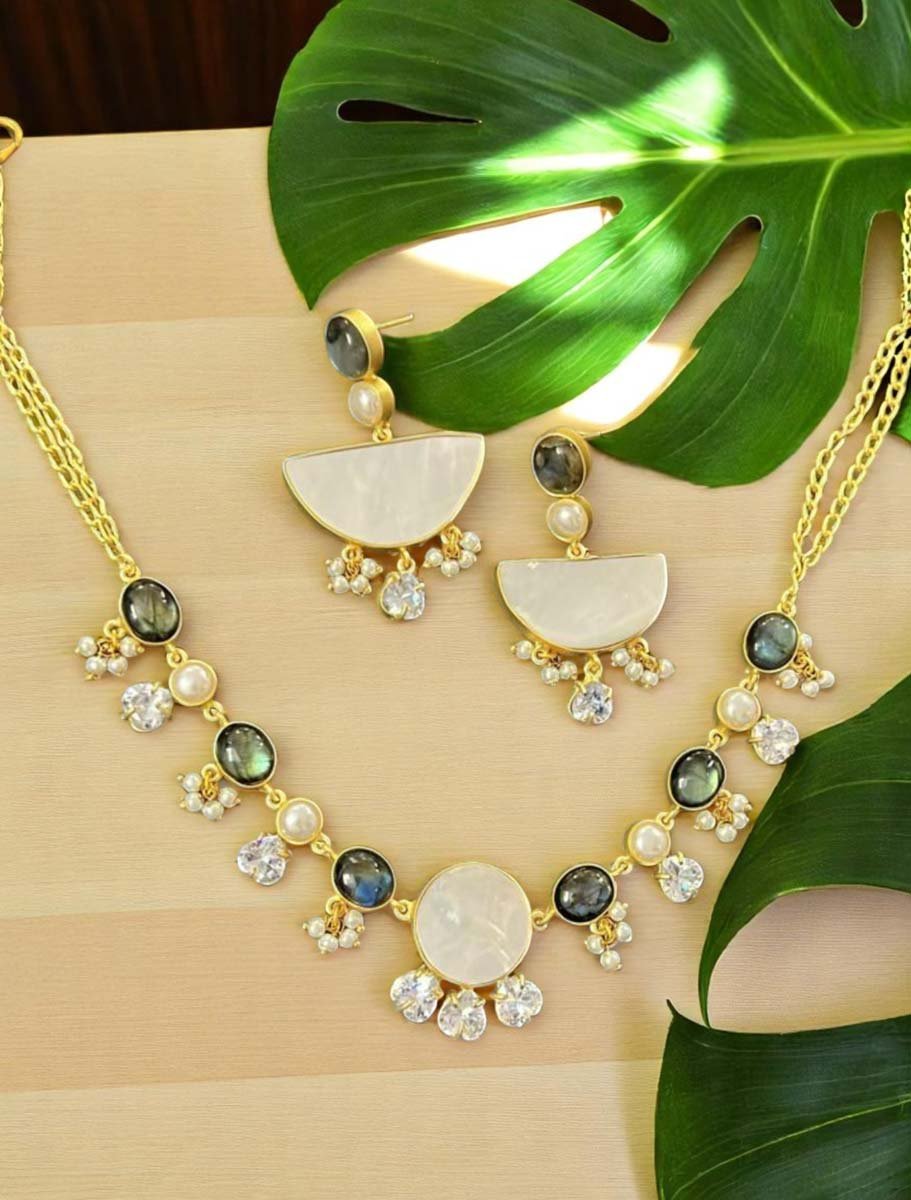 Natural Labrodorite Freshwater Pearls Necklace Set