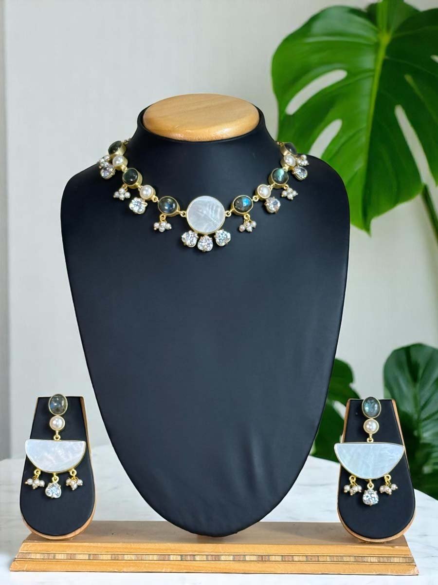 Natural Labrodorite Freshwater Pearls Necklace Set