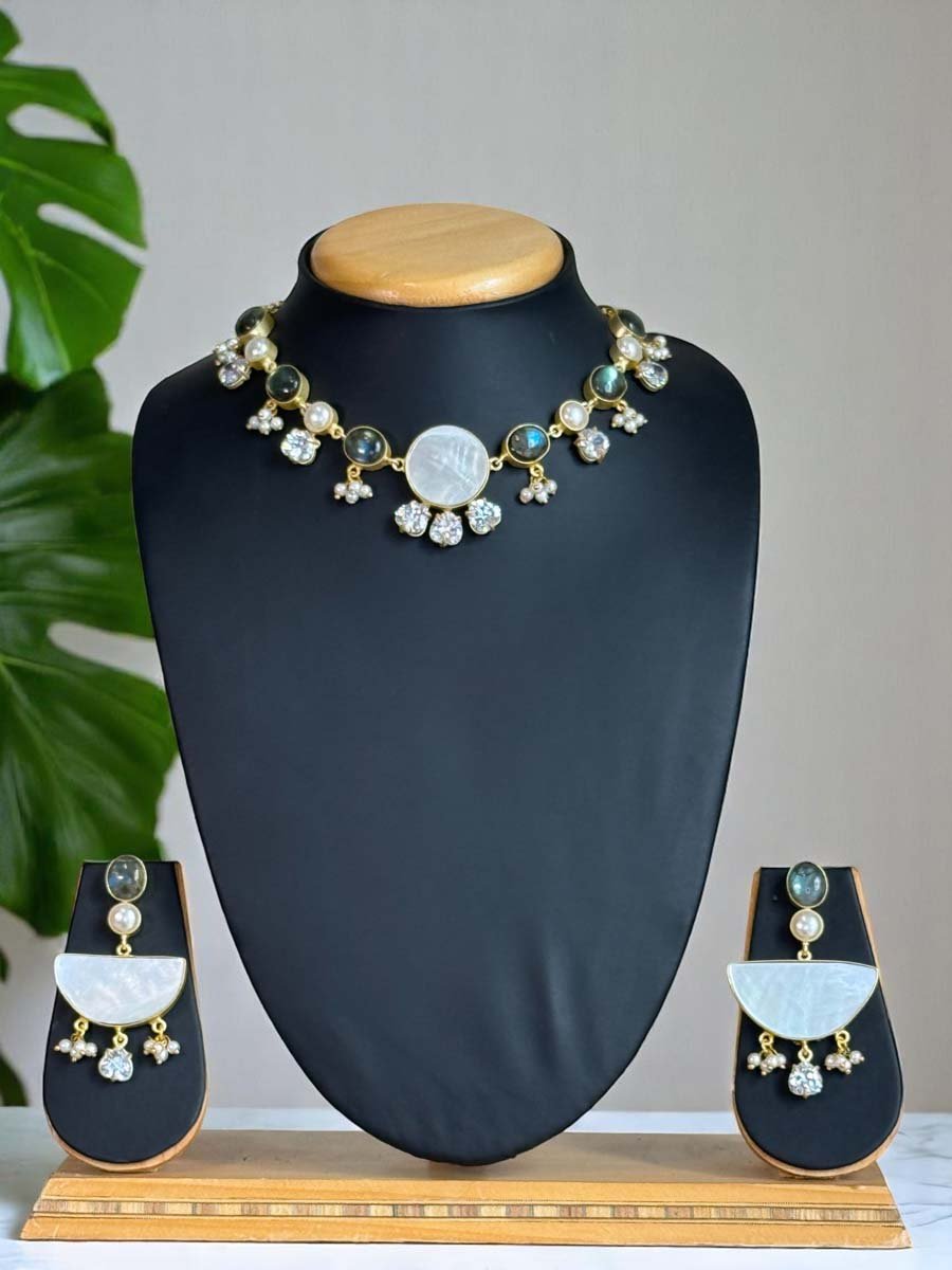 Natural Labrodorite Freshwater Pearls Necklace Set