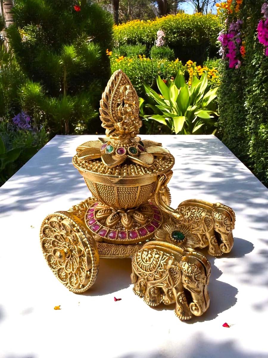 Gold Plated Lotus Chariot Kumkum Dabbi