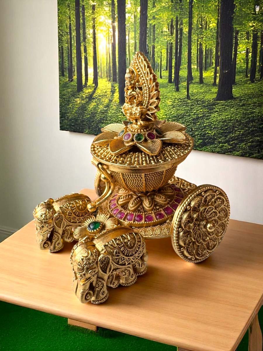 Gold Plated Lotus Chariot Kumkum Dabbi