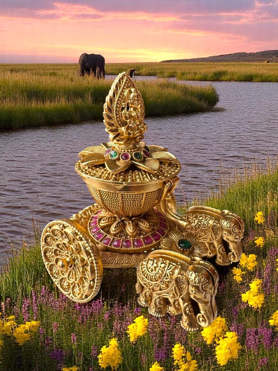 Gold Plated Lotus Chariot Kumkum Dabbi