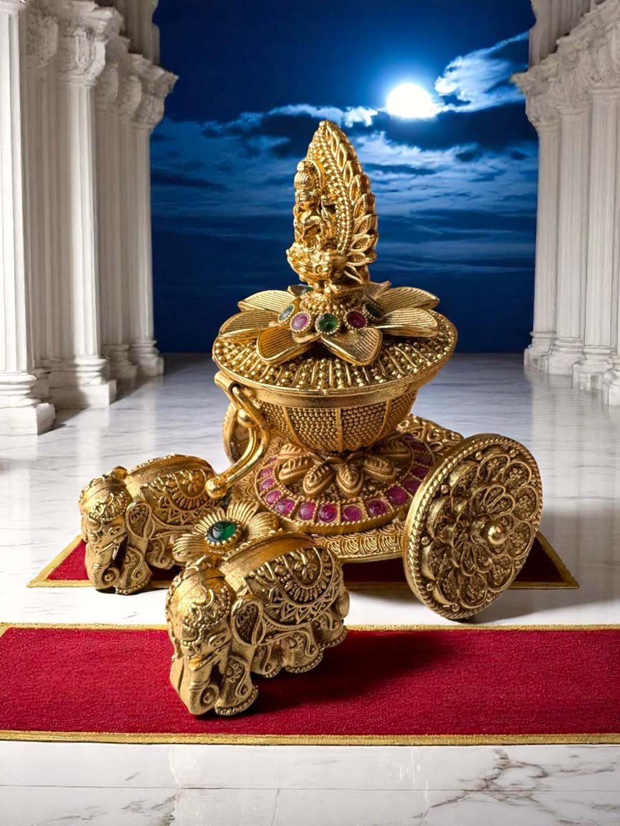 Gold Plated Lotus Chariot Kumkum Dabbi