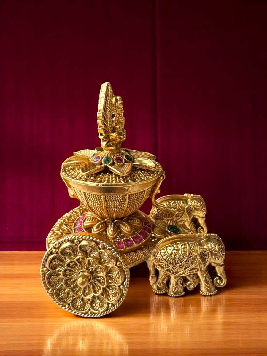 Gold Plated Lotus Chariot Kumkum Dabbi