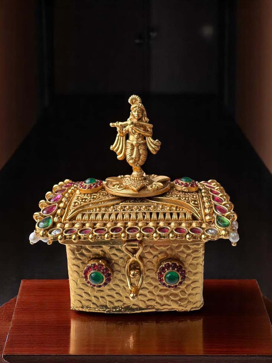 Designer Kumkum Box with Lord Krishna Idol