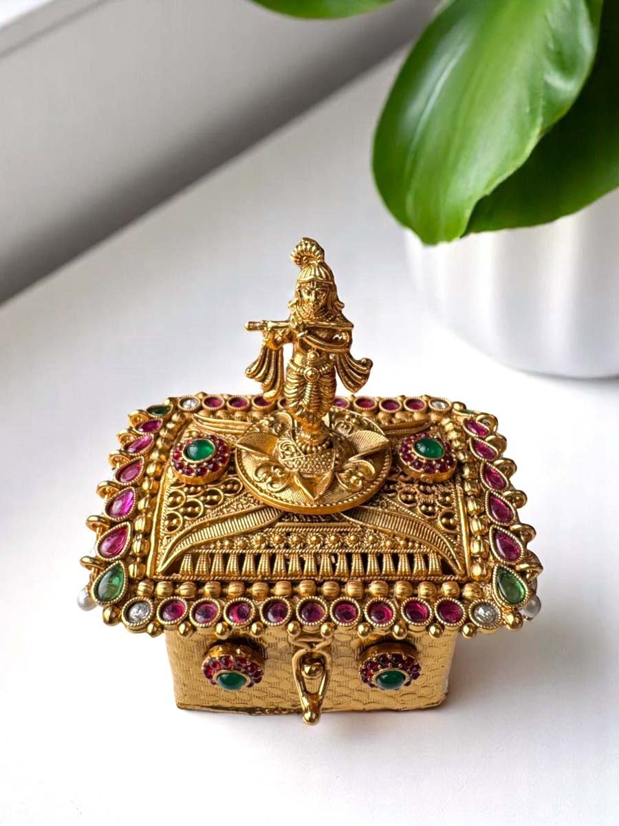 Designer Kumkum Box with Lord Krishna Idol