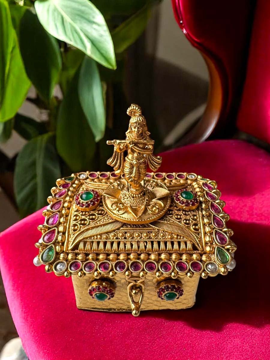 Designer Kumkum Box with Lord Krishna Idol