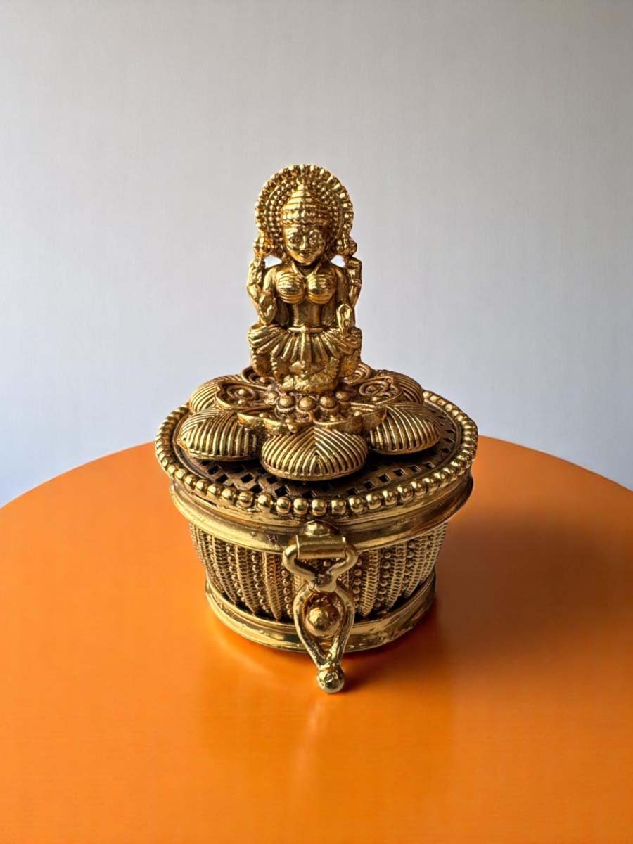Antique Gold Finished Laxmi Ji Kumkum Dabbi