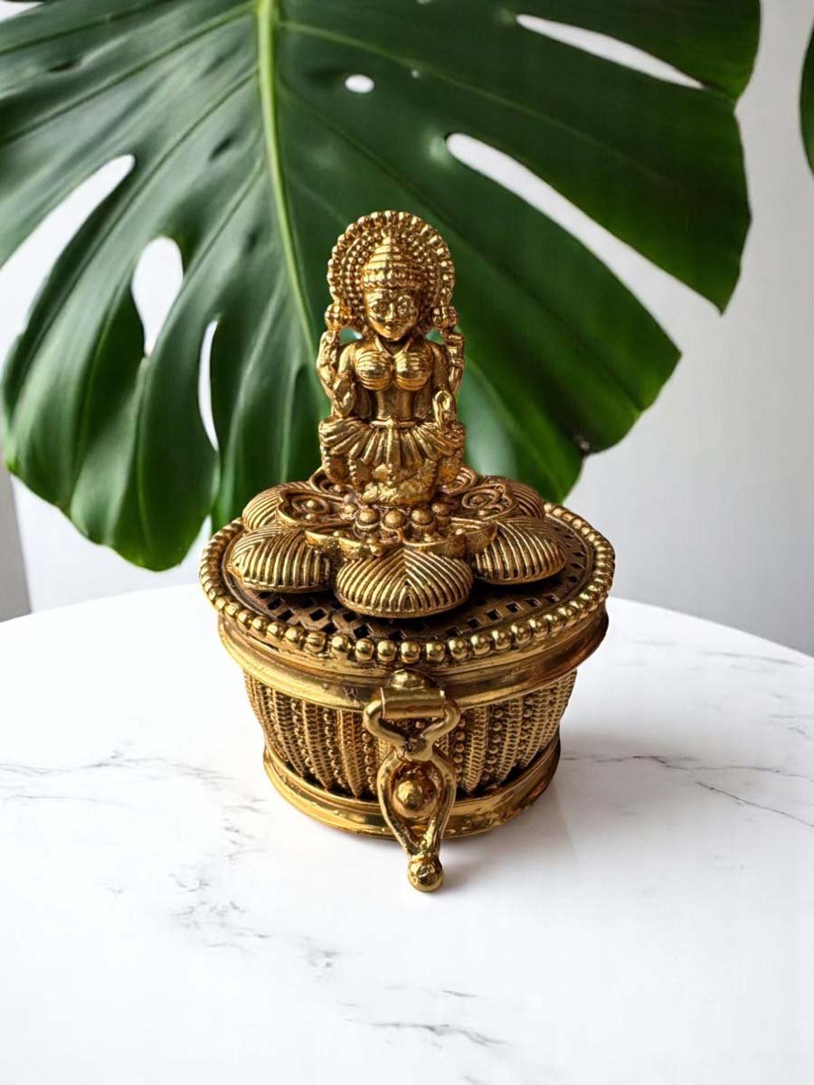 Antique Gold Finished Laxmi Ji Kumkum Dabbi