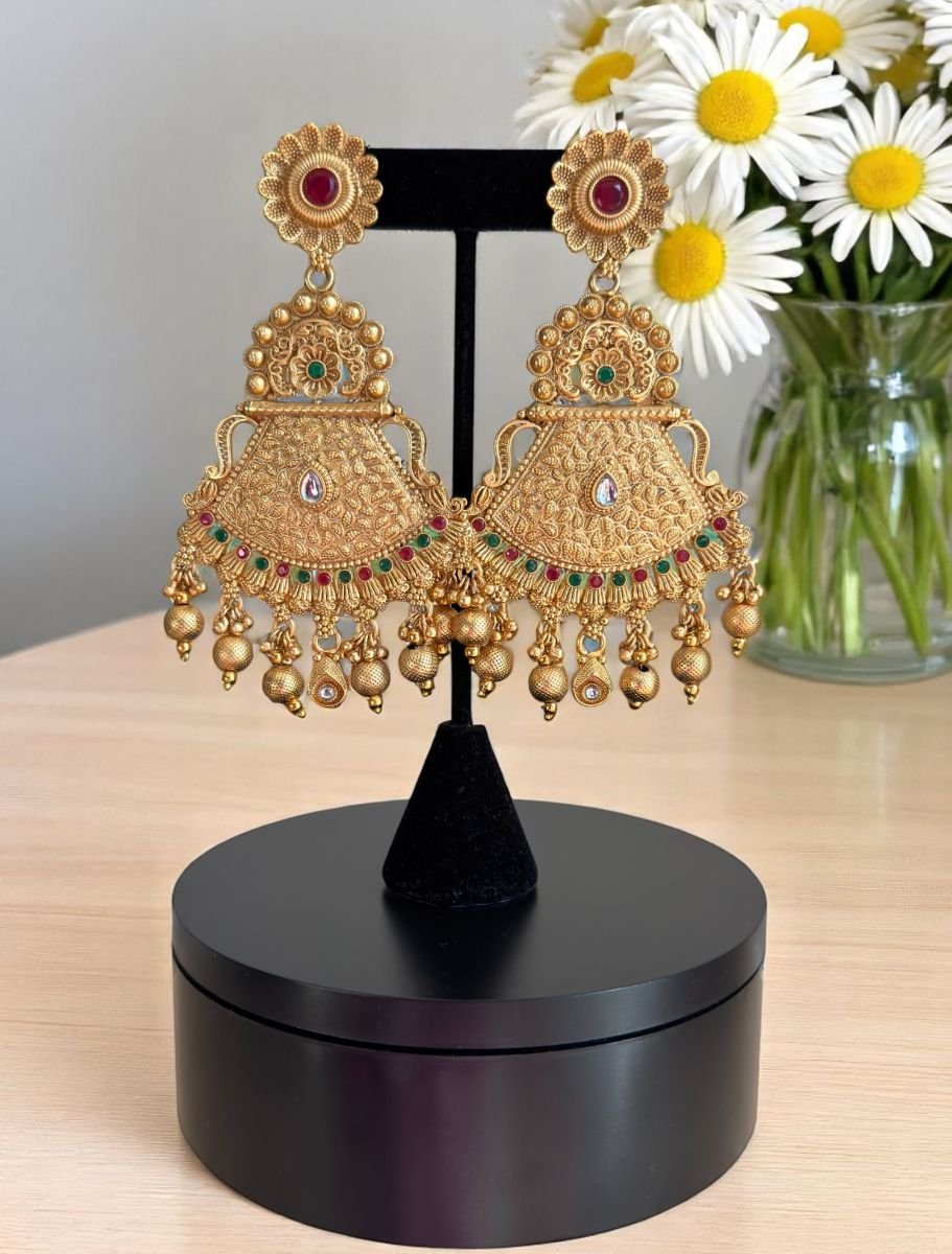 Gold Plated Ruby Green Long Earrings