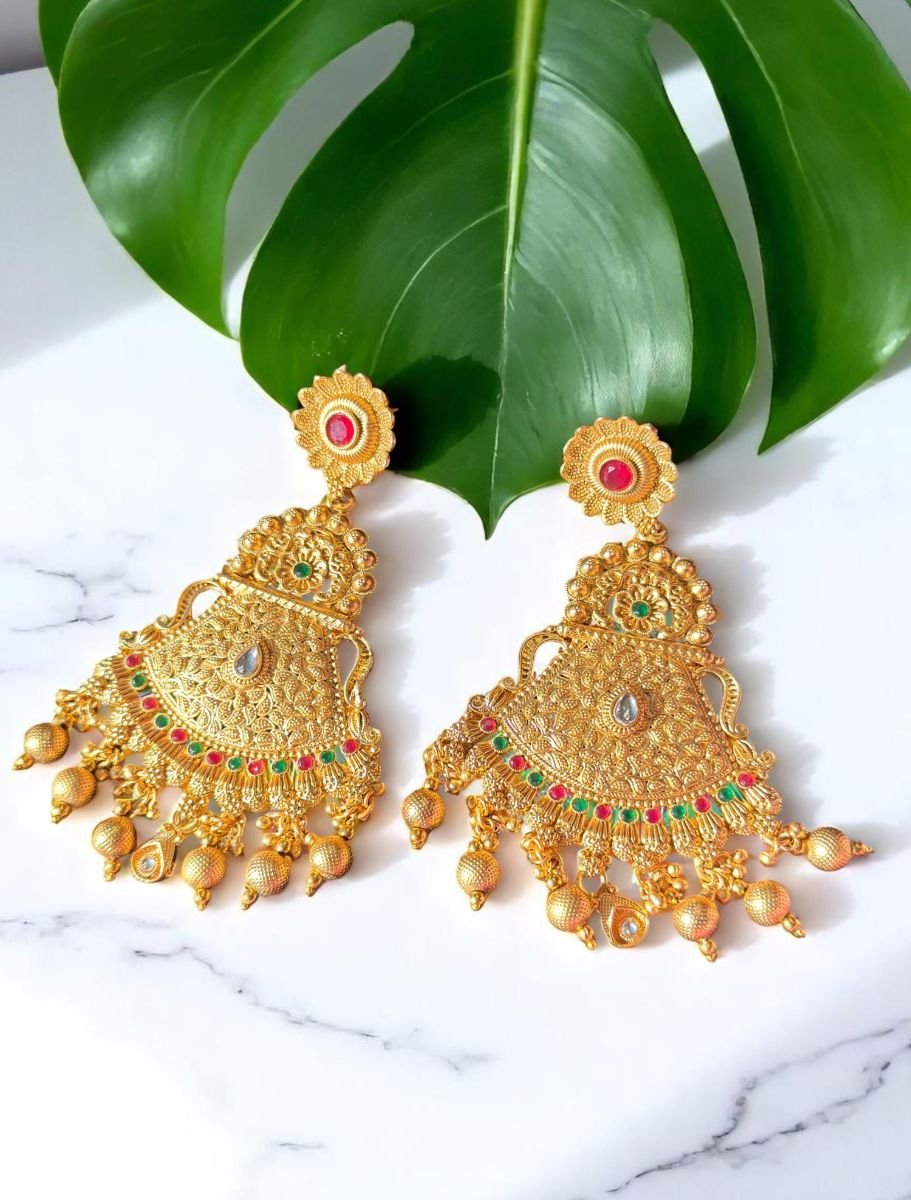 Gold Plated Ruby Green Long Earrings