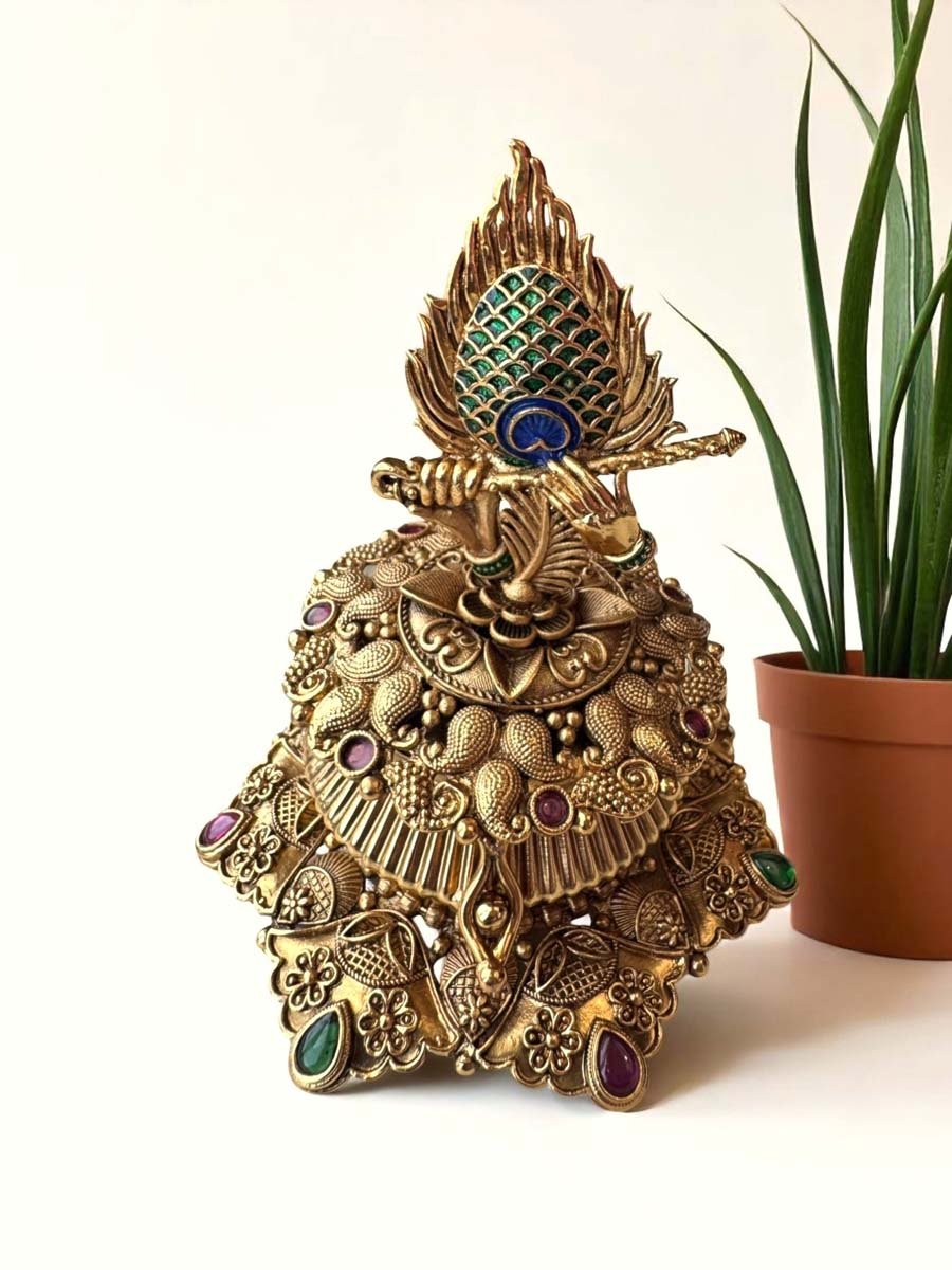 Intricate Design Peacock Feather Brass Kumkum Box