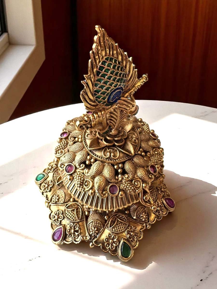 Intricate Design Peacock Feather Brass Kumkum Box