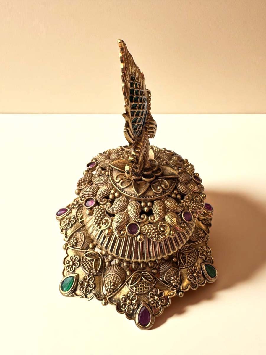 Intricate Design Peacock Feather Brass Kumkum Box