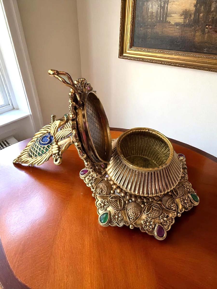 Intricate Design Peacock Feather Brass Kumkum Box