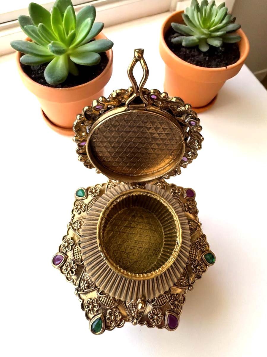 Intricate Design Peacock Feather Brass Kumkum Box