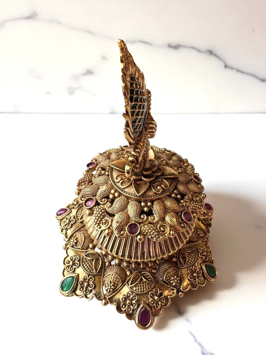 Intricate Design Peacock Feather Brass Kumkum Box