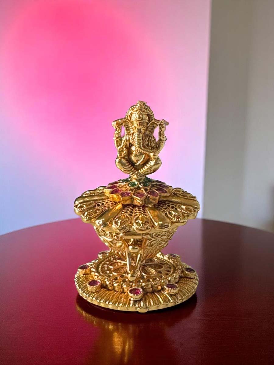 Intricate Ganesha Carving Gold Plated Kumkum Box
