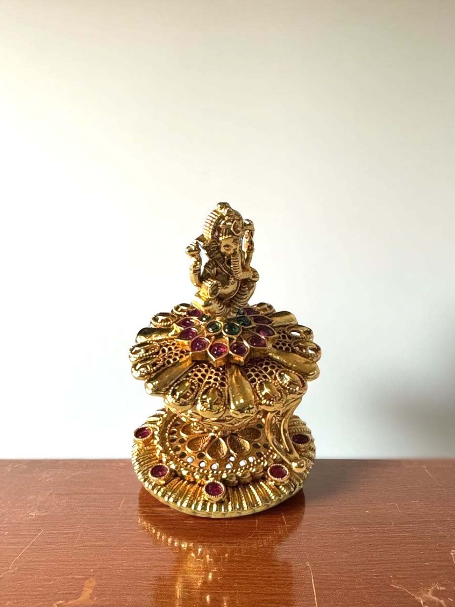 Intricate Ganesha Carving Gold Plated Kumkum Box