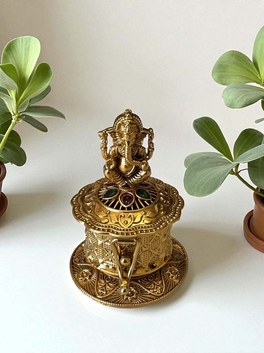Gold Finish Kumkum Dabbi With Ganesh Ji Idol