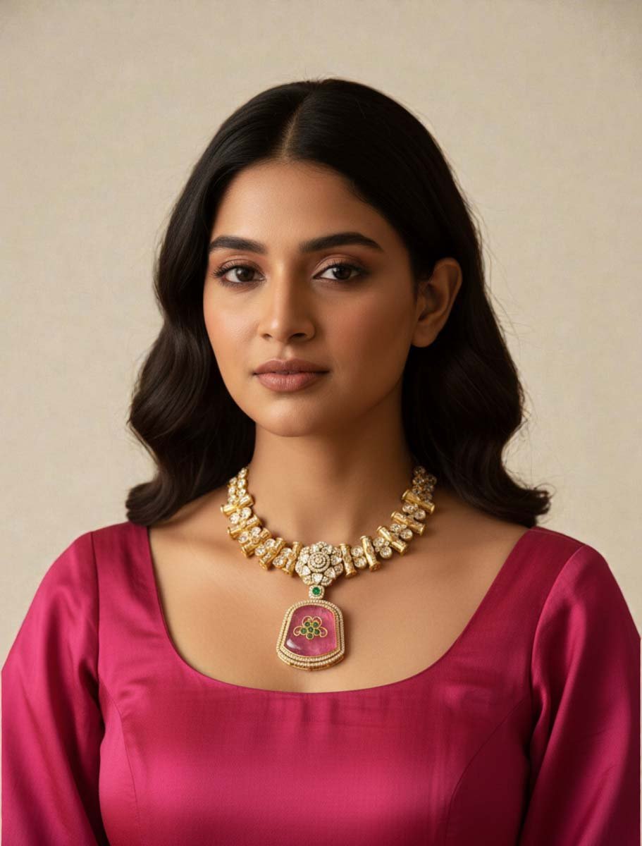 Premium Moissanite Bollywood Necklace Set (Pink)