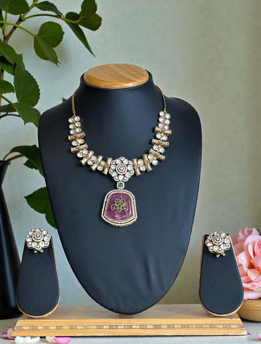 Premium Moissanite Bollywood Necklace Set (Pink)