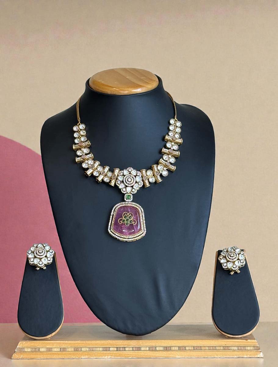 Premium Moissanite Bollywood Necklace Set (Pink)