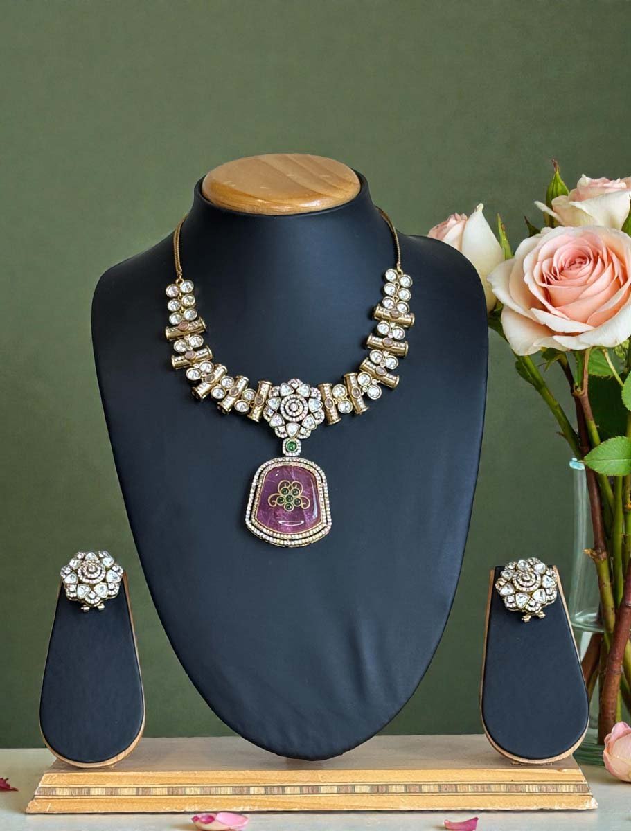 Premium Moissanite Bollywood Necklace Set (Pink)